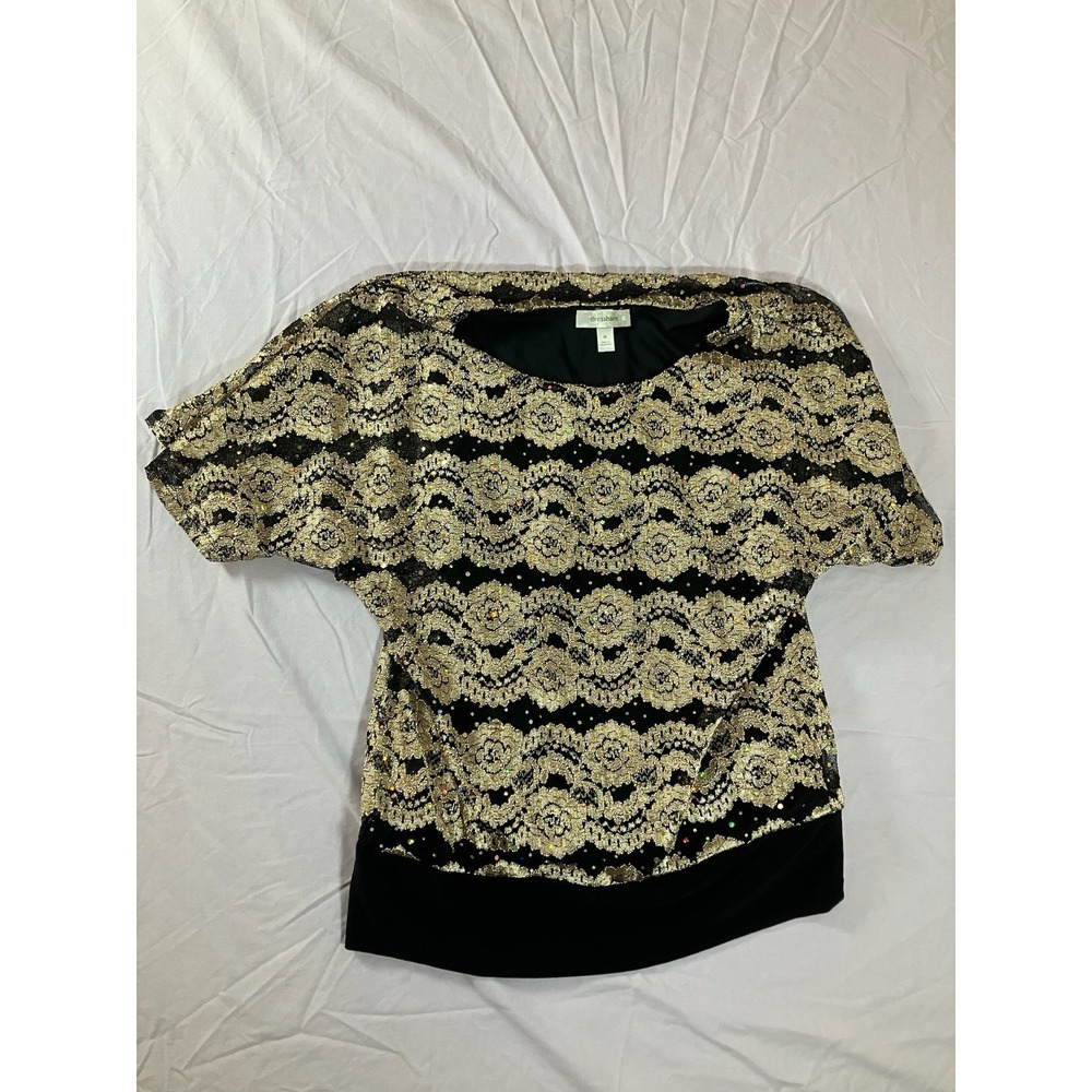 Dressbarn Womens Sz M Top Black Gold Lace‎ Overlay Elegant Cocktail Party Chic